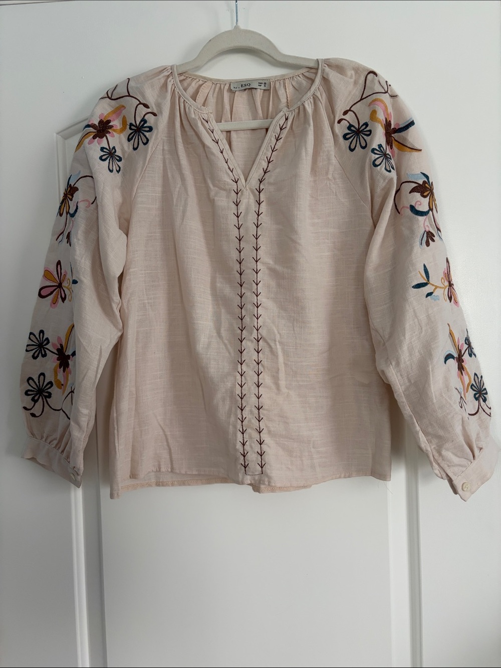 By ESQ Embroidered Boho Peasant Blouse - Cream with Multicolor Accents, S